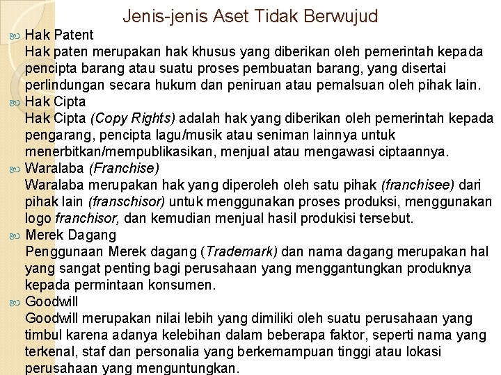 Jenis-jenis Aset Tidak Berwujud Hak Patent Hak paten merupakan hak khusus yang diberikan oleh