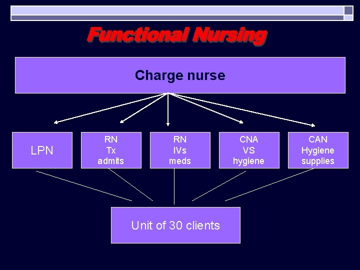 Charge nurse LPN RN Tx admits RN IVs meds Unit of 30 clients CNA