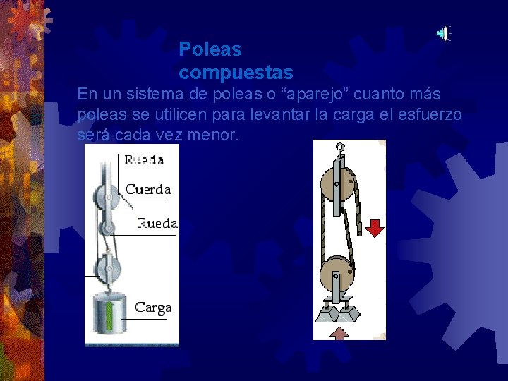 Poleas compuestas En un sistema de poleas o “aparejo” cuanto más poleas se utilicen