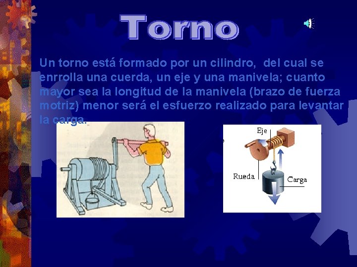 Un torno está formado por un cilindro, del cual se enrrolla una cuerda, un