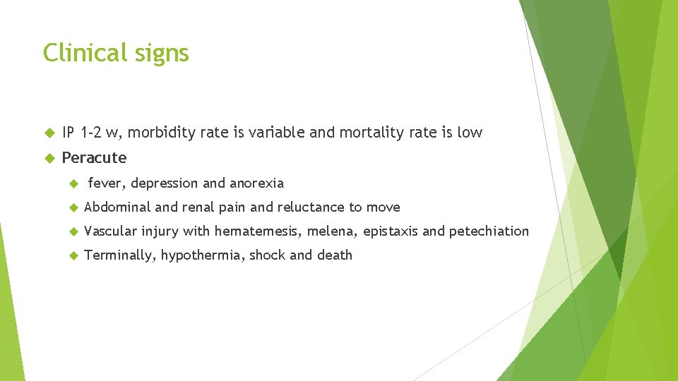 Clinical signs IP 1 -2 w, morbidity rate is variable and mortality rate is Clinical signs IP 1 -2 w, morbidity rate is variable and mortality rate is