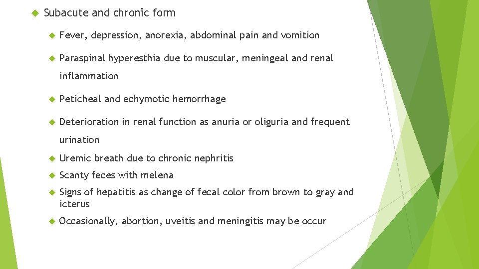 Subacute and chronic form Fever, depression, anorexia, abdominal pain and vomition Paraspinal hyperesthia Subacute and chronic form Fever, depression, anorexia, abdominal pain and vomition Paraspinal hyperesthia
