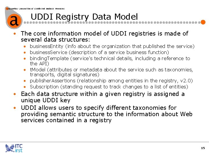 UDDI Registry Data Model • The core information model of UDDI registries is made