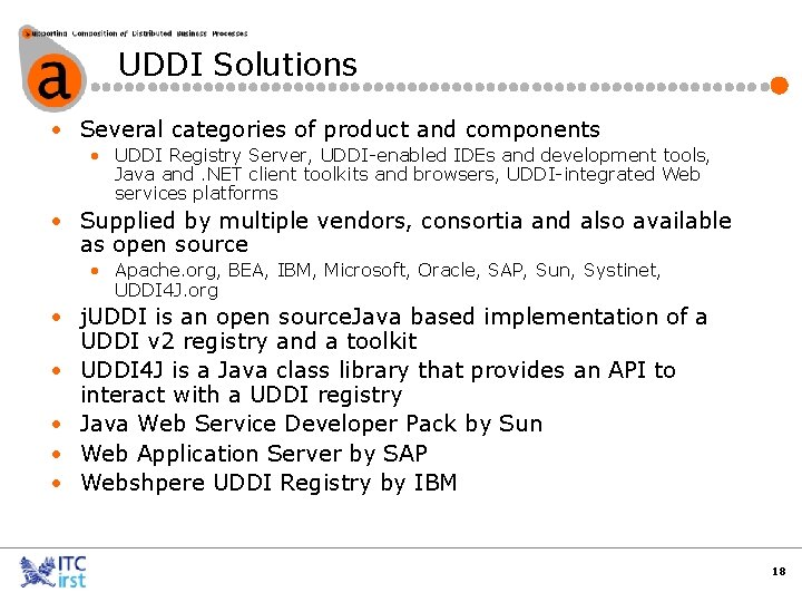 UDDI Solutions • Several categories of product and components • UDDI Registry Server, UDDI-enabled