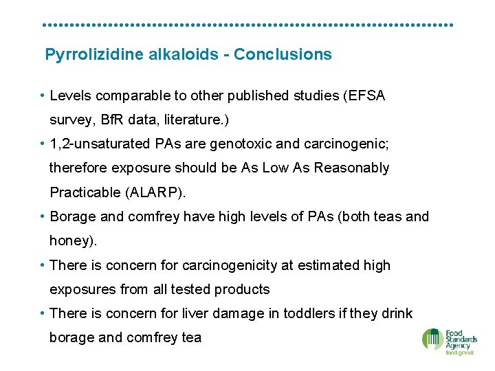 Pyrrolizidine alkaloids - Conclusions • Levels comparable to other published studies (EFSA survey, Bf.