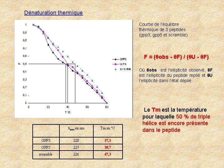 Dénaturation thermique Courbe de l’équilibre thermique de 3 peptides (gpp 3, gpp 5 et