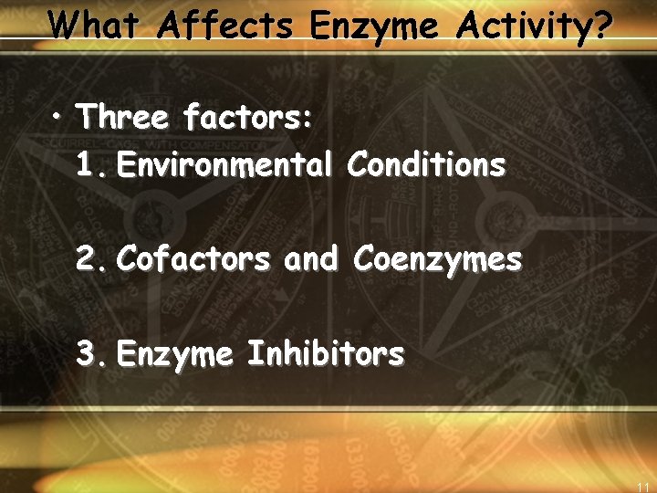 What Affects Enzyme Activity? • Three factors: 1. Environmental Conditions 2. Cofactors and Coenzymes
