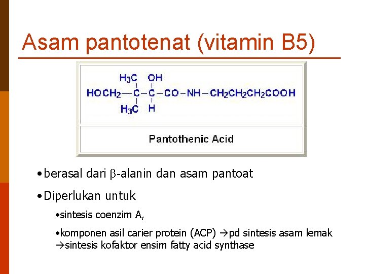 Asam pantotenat (vitamin B 5) • berasal dari β-alanin dan asam pantoat • Diperlukan