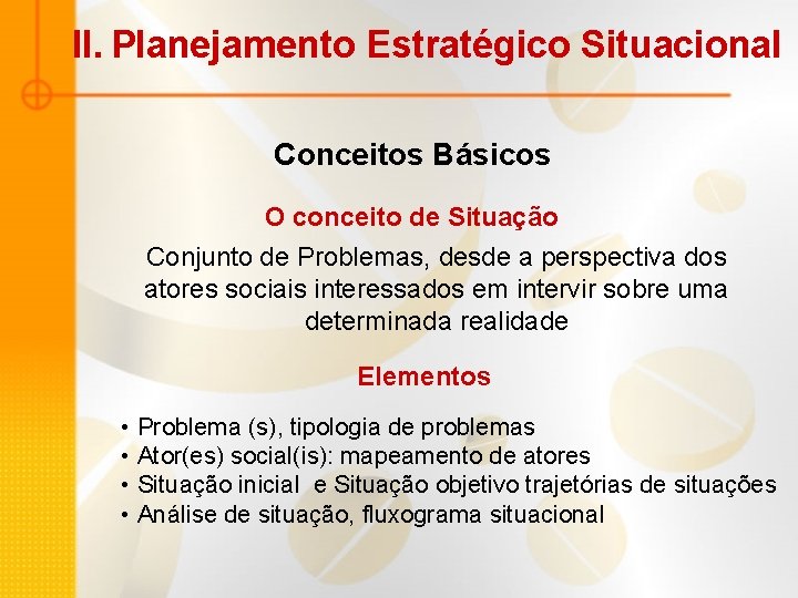 II. Planejamento Estratégico Situacional Conceitos Básicos O conceito de Situação Conjunto de Problemas, desde