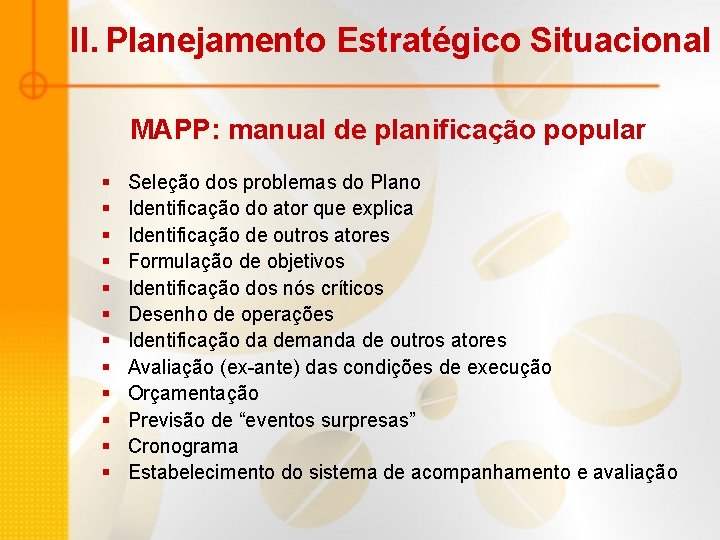 II. Planejamento Estratégico Situacional MAPP: manual de planificação popular § § § Seleção dos
