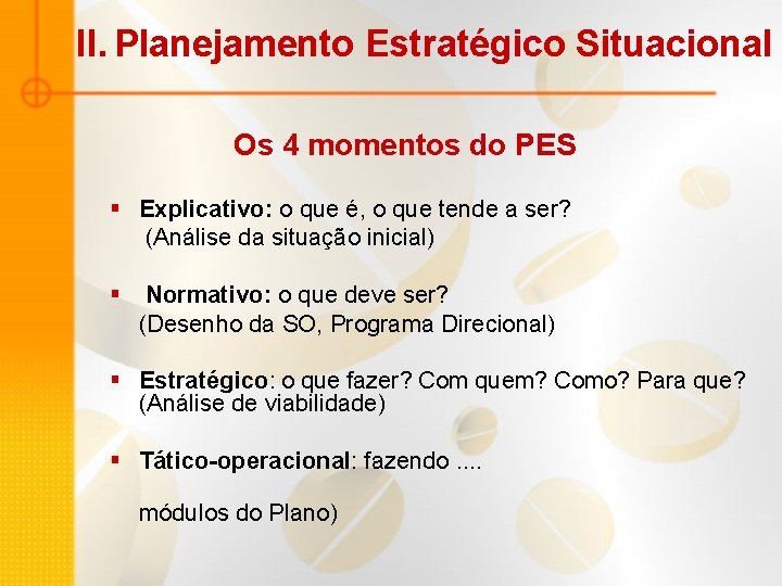 II. Planejamento Estratégico Situacional Os 4 momentos do PES § Explicativo: o que é,