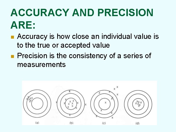 ACCURACY AND PRECISION ARE: n n Accuracy is how close an individual value is