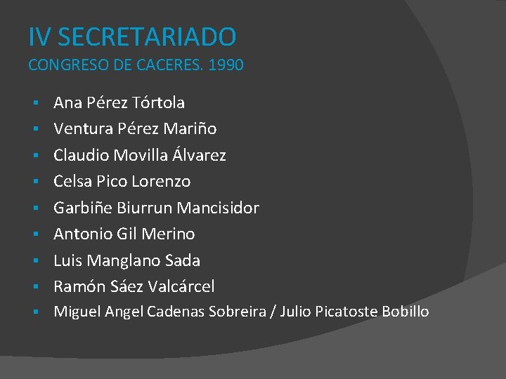 IV SECRETARIADO CONGRESO DE CACERES. 1990 § Ana Pérez Tórtola Ventura Pérez Mariño Claudio