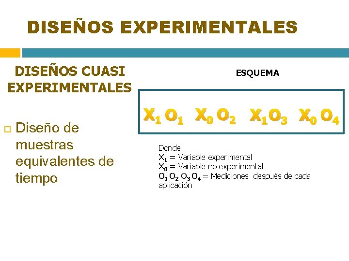 DISEÑOS EXPERIMENTALES DISEÑOS CUASI EXPERIMENTALES Diseño de muestras equivalentes de tiempo ESQUEMA X 1