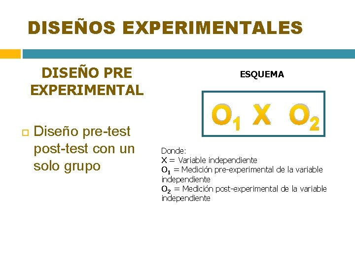 DISEÑOS EXPERIMENTALES DISEÑO PRE EXPERIMENTAL Diseño pre-test post-test con un solo grupo ESQUEMA O