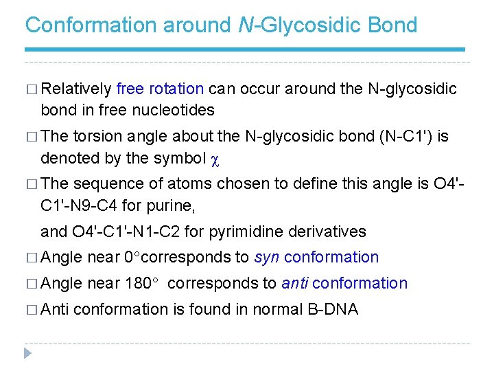 Conformation around N-Glycosidic Bond � Relatively free rotation can occur around the N-glycosidic bond