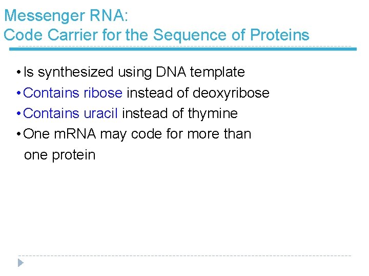 Messenger RNA: Code Carrier for the Sequence of Proteins • Is synthesized using DNA