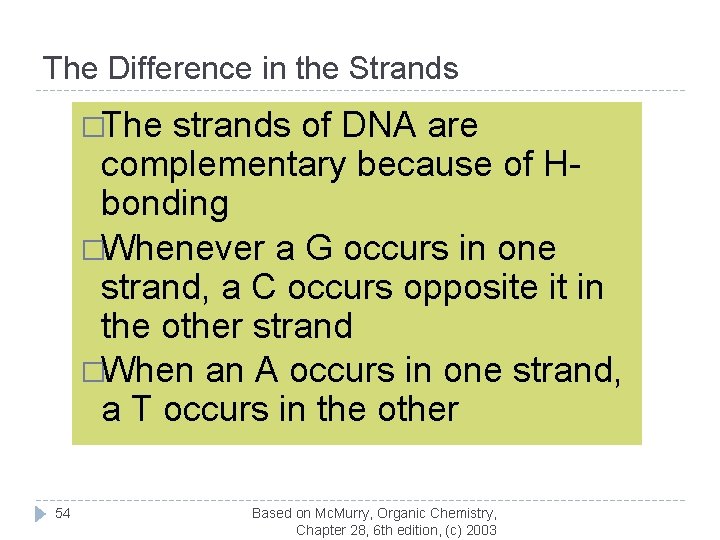 The Difference in the Strands �The strands of DNA are complementary because of Hbonding