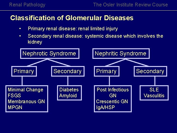 Renal Pathology The Osler Institute Review Course Classification of Glomerular Diseases • • Primary