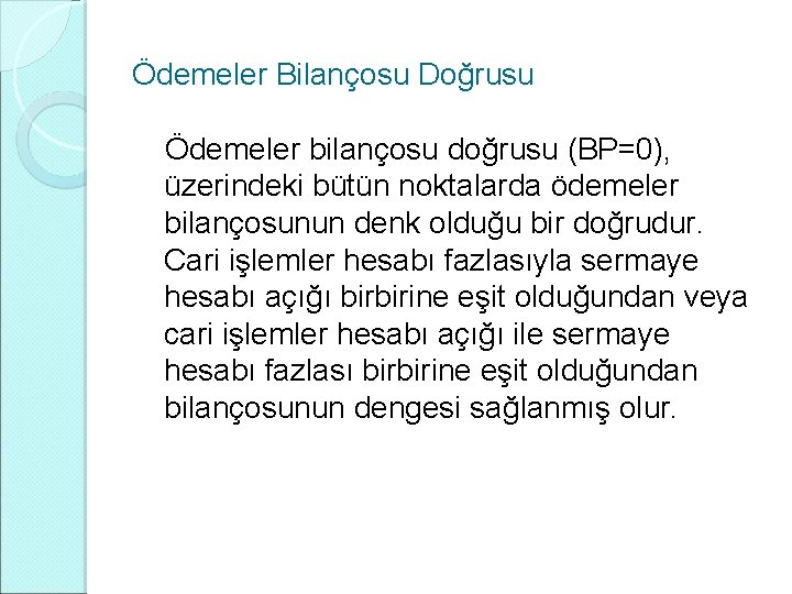 Ödemeler Bilançosu Doğrusu Ödemeler bilançosu doğrusu (BP=0), üzerindeki bütün noktalarda ödemeler bilançosunun denk olduğu