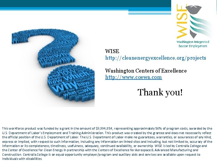 WISE http: //cleanenergyexcellence. org/projects Washington Centers of Excellence http: //www. coewa. com Thank you!