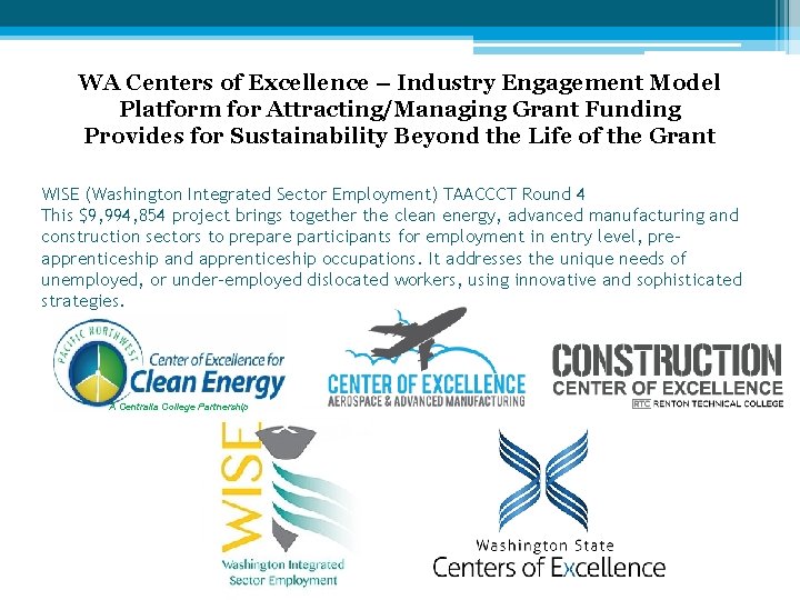 WA Centers of Excellence – Industry Engagement Model Platform for Attracting/Managing Grant Funding Provides