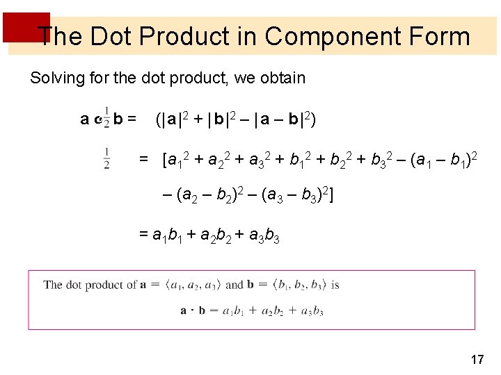 The Dot Product in Component Form Solving for the dot product, we obtain a