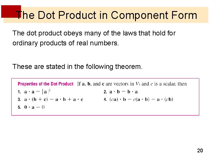 The Dot Product in Component Form The dot product obeys many of the laws