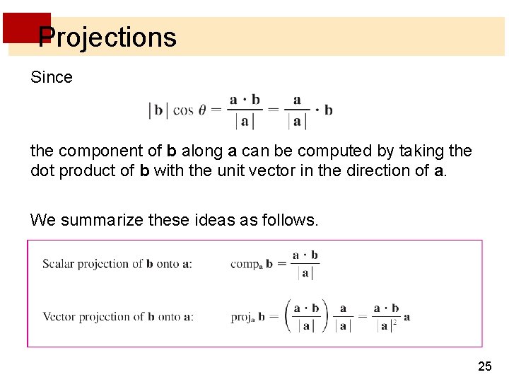 Projections Since the component of b along a can be computed by taking the