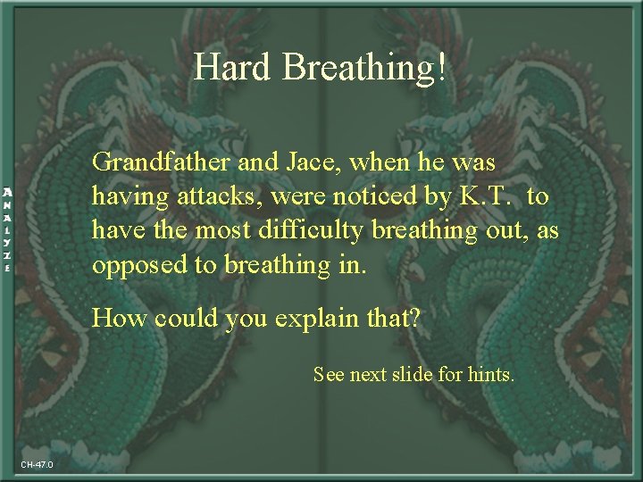 Hard Breathing! Grandfather and Jace, when he was having attacks, were noticed by K.
