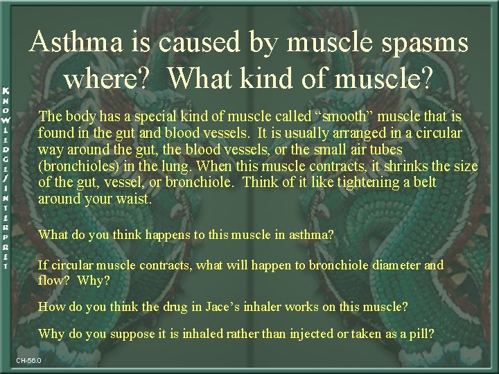 Asthma is caused by muscle spasms where? What kind of muscle? The body has