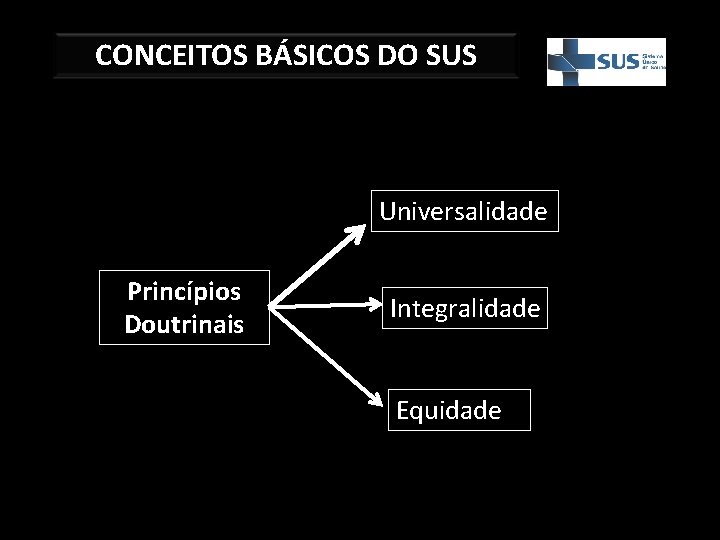 CONCEITOS BÁSICOS DO SUS Universalidade Princípios Doutrinais Integralidade Equidade 