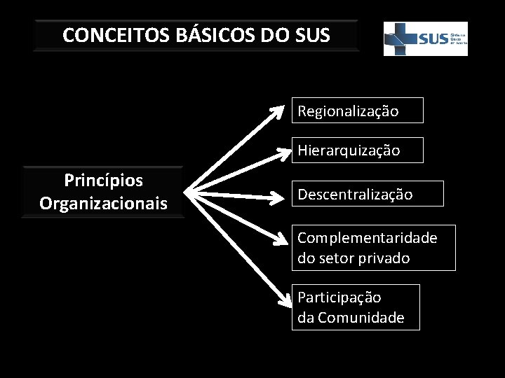 CONCEITOS BÁSICOS DO SUS Regionalização Hierarquização Princípios Organizacionais Descentralização Complementaridade do setor privado Participação