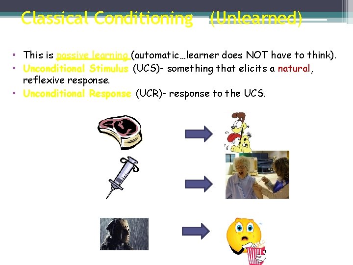 Classical Conditioning (Unlearned) • This is passive learning (automatic…learner does NOT have to think).