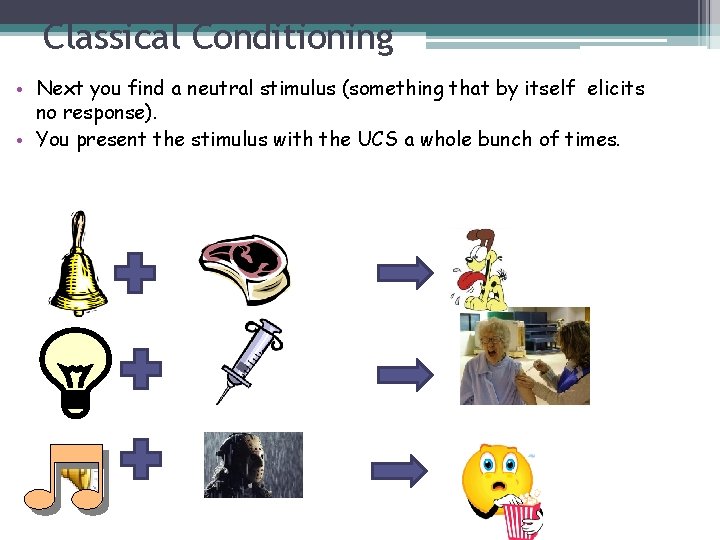 Classical Conditioning • Next you find a neutral stimulus (something that by itself elicits