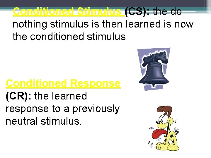 Conditioned Stimulus (CS): the do nothing stimulus is then learned is now the conditioned