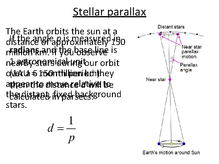 Stellar parallax The Earth orbits the sun at a If the angle p is