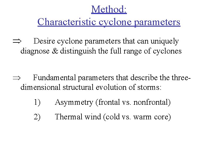 Method: Characteristic cyclone parameters Desire cyclone parameters that can uniquely diagnose & distinguish the
