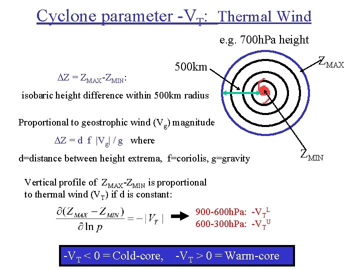 Cyclone parameter -VT: Thermal Wind e. g. 700 h. Pa height Z = ZMAX-ZMIN: