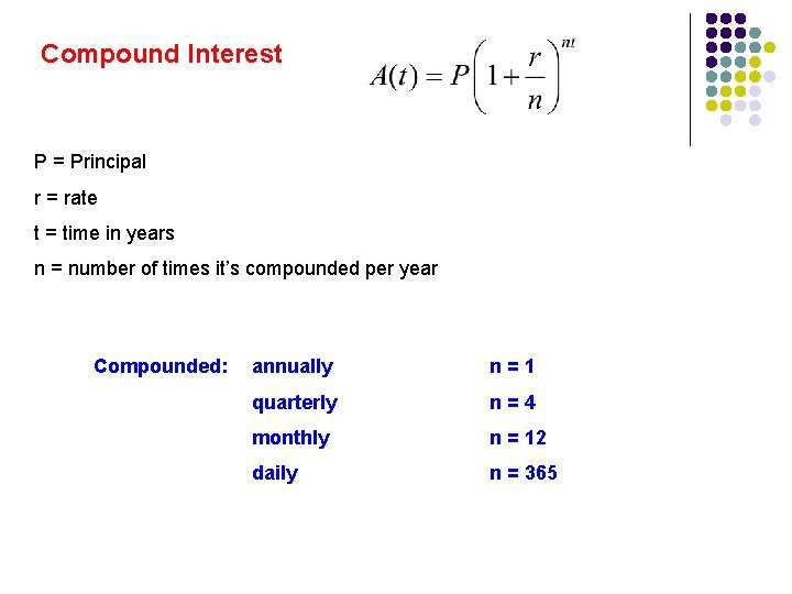 Compound Interest P = Principal r = rate t = time in years n