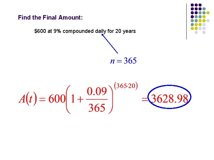 Find the Final Amount: $600 at 9% compounded daily for 20 years 