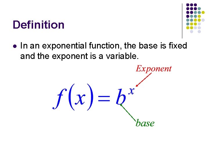 Definition l In an exponential function, the base is fixed and the exponent is