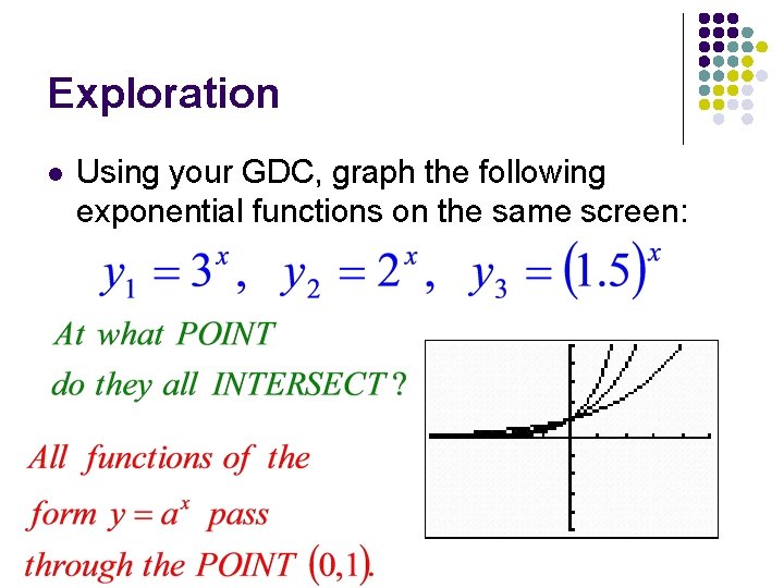 Exploration l Using your GDC, graph the following exponential functions on the same screen: