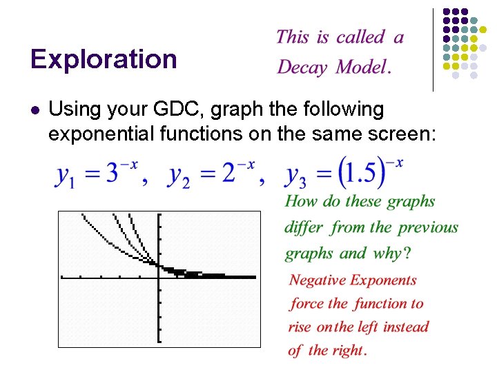 Exploration l Using your GDC, graph the following exponential functions on the same screen: