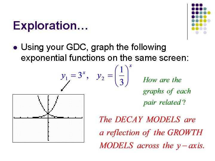 Exploration… l Using your GDC, graph the following exponential functions on the same screen: