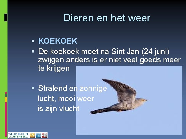 Dieren en het weer KOEKOEK De koekoek moet na Sint Jan (24 juni) zwijgen