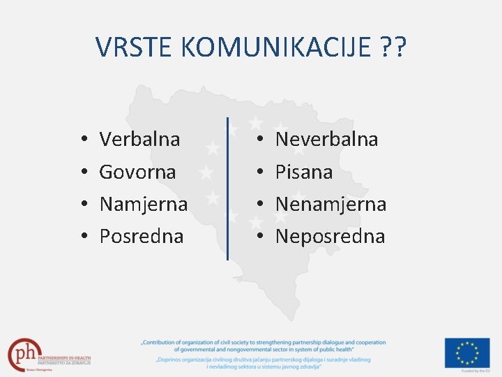 VRSTE KOMUNIKACIJE ? ? • • Verbalna Govorna Namjerna Posredna • • Neverbalna Pisana