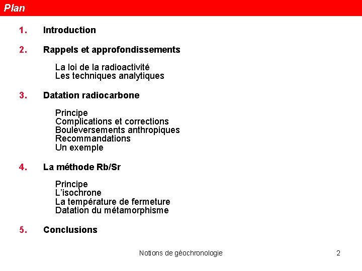 Plan 1. Introduction 2. Rappels et approfondissements La loi de la radioactivité Les techniques