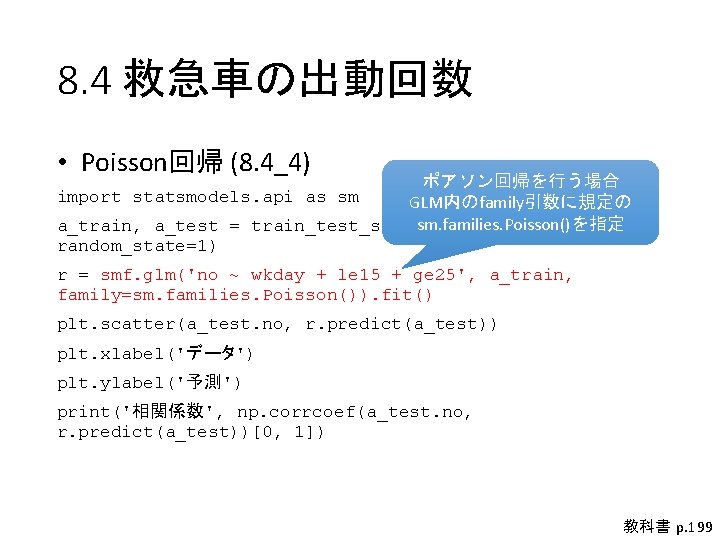 8. 4 救急車の出動回数 • Poisson回帰 (8. 4_4) ポアソン回帰を行う場合 import statsmodels. api as sm GLM内のfamily引数に規定の 8. 4 救急車の出動回数 • Poisson回帰 (8. 4_4) ポアソン回帰を行う場合 import statsmodels. api as sm GLM内のfamily引数に規定の
