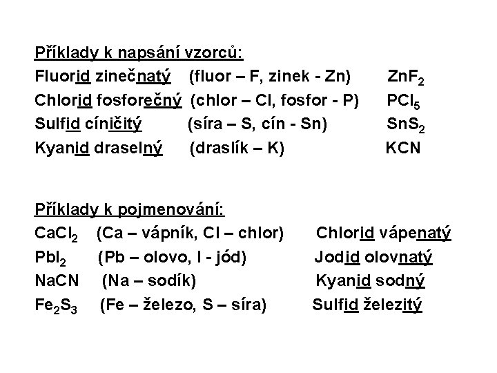 Příklady k napsání vzorců: Fluorid zinečnatý (fluor – F, zinek - Zn) Chlorid fosforečný